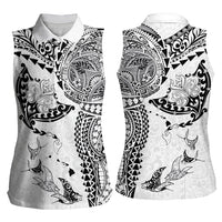 Hawaiian Manta Ray Tribal Women Sleeveless Polo Shirt Polynesian Art Motifs White Color