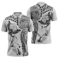 Hawaiian Manta Ray Tribal Zipper Polo Shirt Polynesian Art Motifs White Color