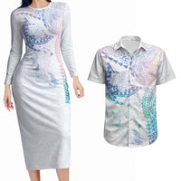 Hawaiian Manta Ray Tribal Couples Matching Long Sleeve Bodycon Dress and Hawaiian Shirt Polynesian Art Motifs Sweet Pastel LT03 Multicolor - Polynesian Pride