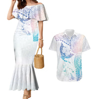 Hawaiian Manta Ray Tribal Couples Matching Mermaid Dress and Hawaiian Shirt Polynesian Art Motifs Sweet Pastel