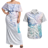 Hawaiian Manta Ray Tribal Couples Matching Off Shoulder Maxi Dress and Hawaiian Shirt Polynesian Art Motifs Sweet Pastel LT03 Multicolor - Polynesian Pride