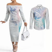 Hawaiian Manta Ray Tribal Couples Matching Off The Shoulder Long Sleeve Dress and Long Sleeve Button Shirt Polynesian Art Motifs Sweet Pastel LT03 Multicolor - Polynesian Pride