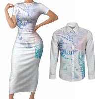 Hawaiian Manta Ray Tribal Couples Matching Short Sleeve Bodycon Dress and Long Sleeve Button Shirt Polynesian Art Motifs Sweet Pastel LT03 Multicolor - Polynesian Pride