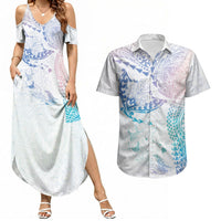 Hawaiian Manta Ray Tribal Couples Matching Summer Maxi Dress and Hawaiian Shirt Polynesian Art Motifs Sweet Pastel LT03 Multicolor - Polynesian Pride