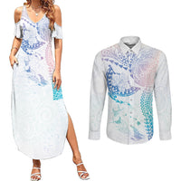 Hawaiian Manta Ray Tribal Couples Matching Summer Maxi Dress and Long Sleeve Button Shirt Polynesian Art Motifs Sweet Pastel