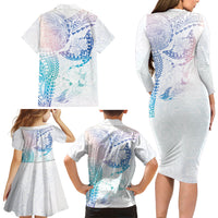 Hawaiian Manta Ray Tribal Family Matching Long Sleeve Bodycon Dress and Hawaiian Shirt Polynesian Art Motifs Sweet Pastel LT03 Mom's Dress Multicolor - Polynesian Pride