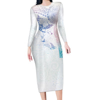 Hawaiian Manta Ray Tribal Family Matching Long Sleeve Bodycon Dress and Hawaiian Shirt Polynesian Art Motifs Sweet Pastel