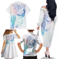 Hawaiian Manta Ray Tribal Family Matching Off The Shoulder Long Sleeve Dress and Hawaiian Shirt Polynesian Art Motifs Sweet Pastel LT03 Mom's Dress Multicolor - Polynesian Pride