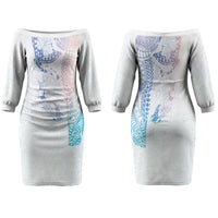 Hawaiian Manta Ray Tribal Family Matching Off The Shoulder Long Sleeve Dress and Hawaiian Shirt Polynesian Art Motifs Sweet Pastel LT03 Mom's Dress Multicolor - Polynesian Pride