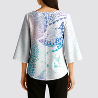 Hawaiian Manta Ray Tribal Kimono Sleeve Blouse Polynesian Art Motifs Sweet Pastel
