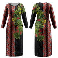 Maori Tukutuku Couples Matching Long Sleeve Bodycon Dress and Long Sleeve Button Shirt with Ferns Pohutukawa and Kowhai Tribal Moko Patterns