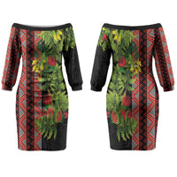 Maori Tukutuku Couples Matching Off The Shoulder Long Sleeve Dress and Hawaiian Shirt with Ferns Pohutukawa and Kowhai Tribal Moko Patterns