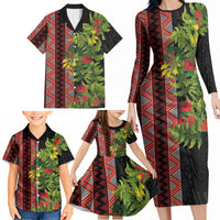 Maori Tukutuku Family Matching Long Sleeve Bodycon Dress and Hawaiian Shirt with Ferns Pohutukawa and Kowhai Tribal Moko Patterns LT03 - Polynesian Pride