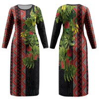 Maori Tukutuku Family Matching Long Sleeve Bodycon Dress and Hawaiian Shirt with Ferns Pohutukawa and Kowhai Tribal Moko Patterns LT03 Mom's Dress Multicolor - Polynesian Pride
