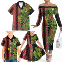 Maori Tukutuku Family Matching Off The Shoulder Long Sleeve Dress and Hawaiian Shirt with Ferns Pohutukawa and Kowhai Tribal Moko Patterns LT03 - Polynesian Pride