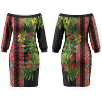 Maori Tukutuku Family Matching Off The Shoulder Long Sleeve Dress and Hawaiian Shirt with Ferns Pohutukawa and Kowhai Tribal Moko Patterns LT03 Mom's Dress Multicolor - Polynesian Pride