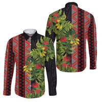 Maori Tukutuku Family Matching Off The Shoulder Long Sleeve Dress and Hawaiian Shirt with Ferns Pohutukawa and Kowhai Tribal Moko Patterns LT03 Dad's Shirt - Long Sleeve Multicolor - Polynesian Pride