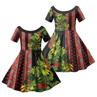 Maori Tukutuku Family Matching Off The Shoulder Long Sleeve Dress and Hawaiian Shirt with Ferns Pohutukawa and Kowhai Tribal Moko Patterns LT03 Daughter's Dress Multicolor - Polynesian Pride