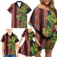 Maori Tukutuku Family Matching Off Shoulder Short Dress and Hawaiian Shirt with Ferns Pohutukawa and Kowhai Tribal Moko Patterns LT03 - Polynesian Pride