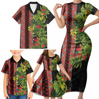 Maori Tukutuku Family Matching Short Sleeve Bodycon Dress and Hawaiian Shirt with Ferns Pohutukawa and Kowhai Tribal Moko Patterns LT03 - Polynesian Pride