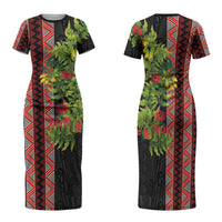Maori Tukutuku Family Matching Short Sleeve Bodycon Dress and Hawaiian Shirt with Ferns Pohutukawa and Kowhai Tribal Moko Patterns LT03 Mom's Dress Multicolor - Polynesian Pride