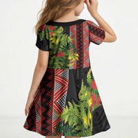 Maori Tukutuku Kid Short Sleeve Dress with Ferns Pohutukawa and Kowhai Tribal Moko Patterns