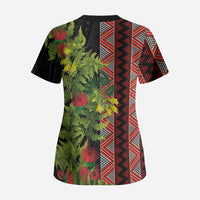 Maori Tukutuku Scrub Top with Ferns Pohutukawa and Kowhai Tribal Moko Patterns
