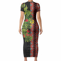 Maori Tukutuku Short Sleeve Bodycon Dress with Ferns Pohutukawa and Kowhai Tribal Moko Patterns LT03 - Polynesian Pride