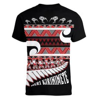 New Zealand Christmas Women V-Neck T-Shirt Funny Santa Claus Haka Dance with Tukutuku