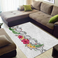 Hawaii DNA Kakau Tattoo Area Rug with Plumeria and Hibiscus Tropical Plants White Color