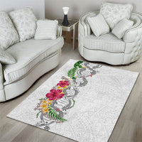 Hawaii DNA Kakau Tattoo Area Rug with Plumeria and Hibiscus Tropical Plants White Color