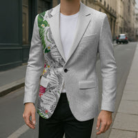 Hawaii DNA Kakau Tattoo Blazer with Plumeria and Hibiscus Tropical Plants White Color
