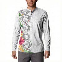 Hawaii DNA Kakau Tattoo Button Sweatshirt with Plumeria and Hibiscus Tropical Plants White Color