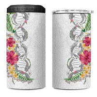 Hawaii DNA Kakau Tattoo 4 in 1 Can Cooler Tumbler with Plumeria and Hibiscus Tropical Plants White Color