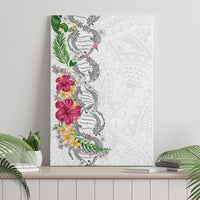 Hawaii DNA Kakau Tattoo Canvas Wall Art with Plumeria and Hibiscus Tropical Plants White Color