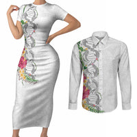 Hawaii DNA Kakau Tattoo Couples Matching Short Sleeve Bodycon Dress and Long Sleeve Button Shirt with Plumeria and Hibiscus Tropical Plants White Color LT03 White - Polynesian Pride