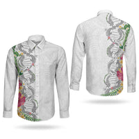 Hawaii DNA Kakau Tattoo Couples Matching Short Sleeve Bodycon Dress and Long Sleeve Button Shirt with Plumeria and Hibiscus Tropical Plants White Color LT03 - Polynesian Pride