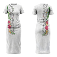 Hawaii DNA Kakau Tattoo Couples Matching Short Sleeve Bodycon Dress and Long Sleeve Button Shirt with Plumeria and Hibiscus Tropical Plants White Color LT03 - Polynesian Pride