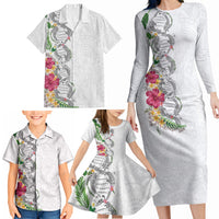 Hawaii DNA Kakau Tattoo Family Matching Long Sleeve Bodycon Dress and Hawaiian Shirt with Plumeria and Hibiscus Tropical Plants White Color LT03 - Polynesian Pride
