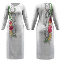 Hawaii DNA Kakau Tattoo Family Matching Long Sleeve Bodycon Dress and Hawaiian Shirt with Plumeria and Hibiscus Tropical Plants White Color LT03 Mom's Dress White - Polynesian Pride