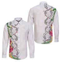Hawaii DNA Kakau Tattoo Family Matching Long Sleeve Bodycon Dress and Hawaiian Shirt with Plumeria and Hibiscus Tropical Plants White Color LT03 Dad's Shirt - Long Sleeve White - Polynesian Pride