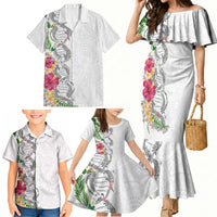 Hawaii DNA Kakau Tattoo Family Matching Mermaid Dress and Hawaiian Shirt with Plumeria and Hibiscus Tropical Plants White Color LT03 - Polynesian Pride