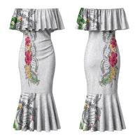 Hawaii DNA Kakau Tattoo Family Matching Mermaid Dress and Hawaiian Shirt with Plumeria and Hibiscus Tropical Plants White Color LT03 Mom's Dress White - Polynesian Pride