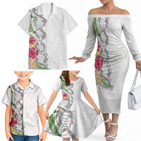 Hawaii DNA Kakau Tattoo Family Matching Off The Shoulder Long Sleeve Dress and Hawaiian Shirt with Plumeria and Hibiscus Tropical Plants White Color LT03 - Polynesian Pride