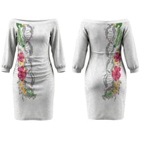 Hawaii DNA Kakau Tattoo Family Matching Off The Shoulder Long Sleeve Dress and Hawaiian Shirt with Plumeria and Hibiscus Tropical Plants White Color LT03 Mom's Dress White - Polynesian Pride