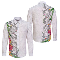 Hawaii DNA Kakau Tattoo Family Matching Off The Shoulder Long Sleeve Dress and Hawaiian Shirt with Plumeria and Hibiscus Tropical Plants White Color LT03 Dad's Shirt - Long Sleeve White - Polynesian Pride