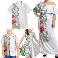 Hawaii DNA Kakau Tattoo Family Matching Off Shoulder Maxi Dress and Hawaiian Shirt with Plumeria and Hibiscus Tropical Plants White Color LT03 - Polynesian Pride