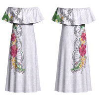 Hawaii DNA Kakau Tattoo Family Matching Off Shoulder Maxi Dress and Hawaiian Shirt with Plumeria and Hibiscus Tropical Plants White Color LT03 Mom's Dress White - Polynesian Pride