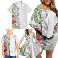 Hawaii DNA Kakau Tattoo Family Matching Off Shoulder Short Dress and Hawaiian Shirt with Plumeria and Hibiscus Tropical Plants White Color LT03 - Polynesian Pride