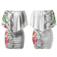 Hawaii DNA Kakau Tattoo Family Matching Off Shoulder Short Dress and Hawaiian Shirt with Plumeria and Hibiscus Tropical Plants White Color LT03 Mom's Dress White - Polynesian Pride